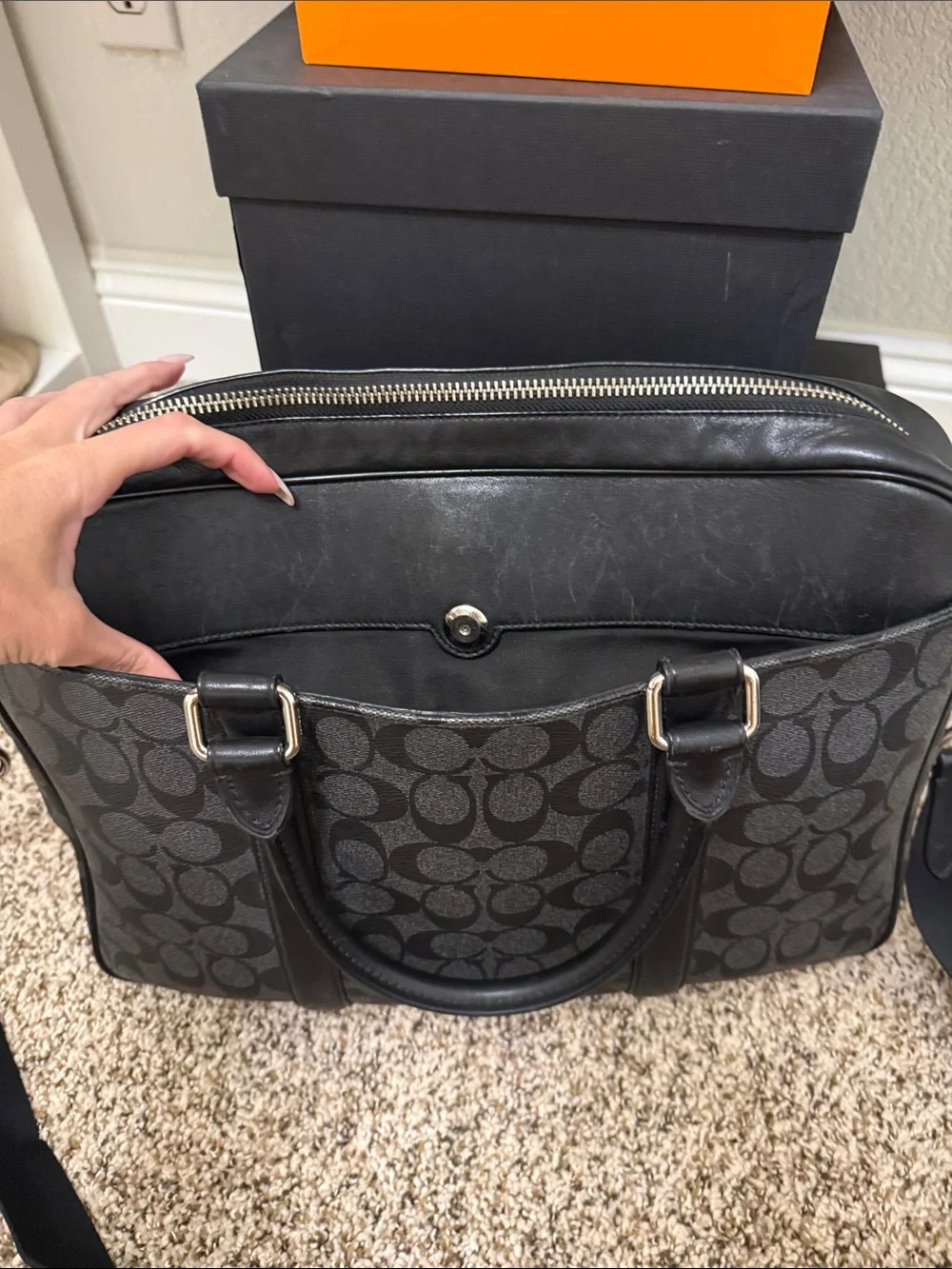 Coach Men's Charcoal/Black Signature Brief with Shoulder Strap